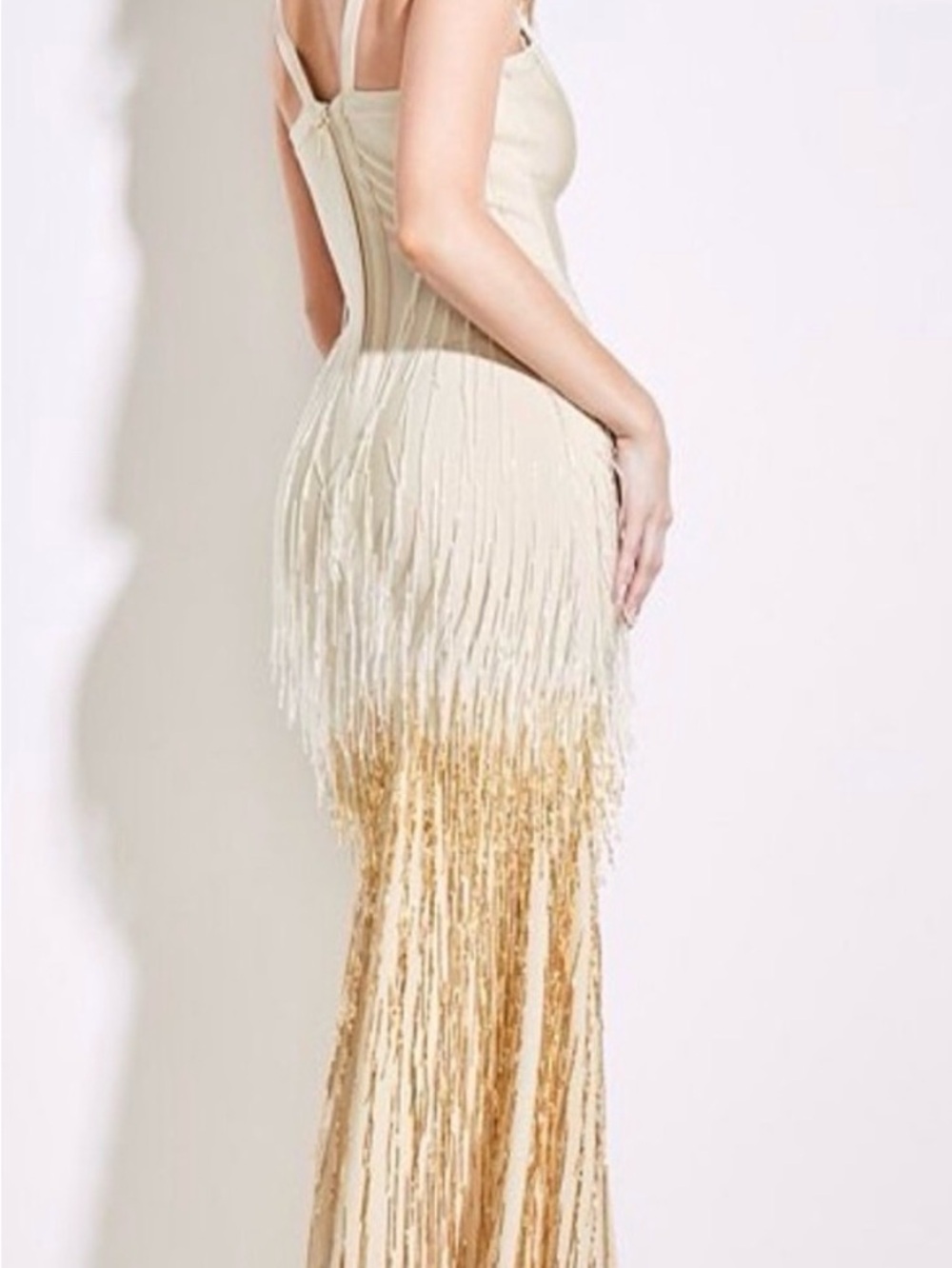 Fringe Gold bondage gown by Marciano